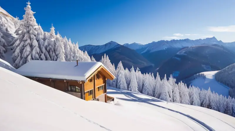 Un paisaje invernal de montañas cubiertas de nieve, esquiadores en acción y chalets acogedores que invitan a disfrutar del esquí y la calidez