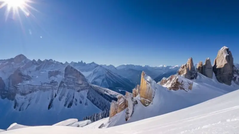 Un paisaje invernal impresionante de los Dolomitas, con picos nevados, esquiadores en acción y cálidas cabañas en el valle