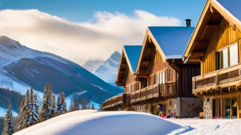 Un paisaje invernal vibrante con esquiadores, montañas, cabañas rústicas y un ambiente de diversión y camaradería