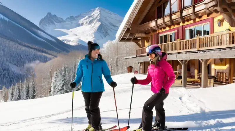 Un paisaje montañoso nevado con esquiadores, chalets acogedores y un ambiente vibrante de aventura invernal