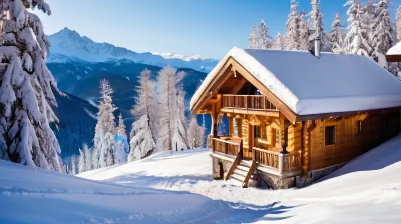 Un paisaje montañoso nevado con esquiadores disfrutando, chalets acogedores y un ambiente vibrante y sereno