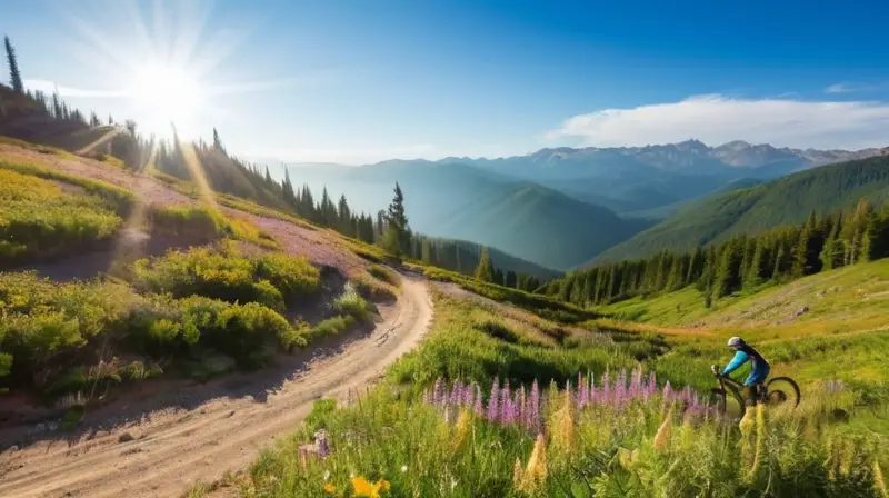 Un paisaje montañoso verde y vibrante, con ciclistas en acción, caminos de tierra y un cielo azul claro