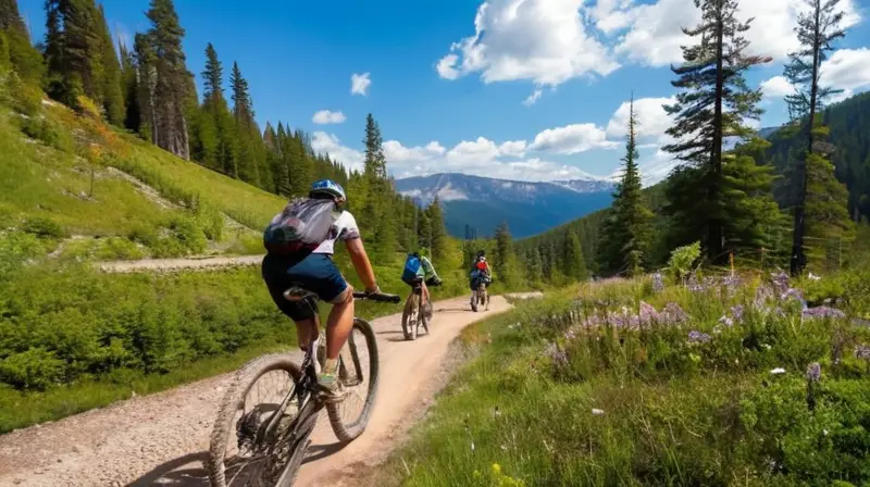 Un paisaje montañoso verde con ciclistas enérgicos en senderos de tierra rodeados de naturaleza vibrante