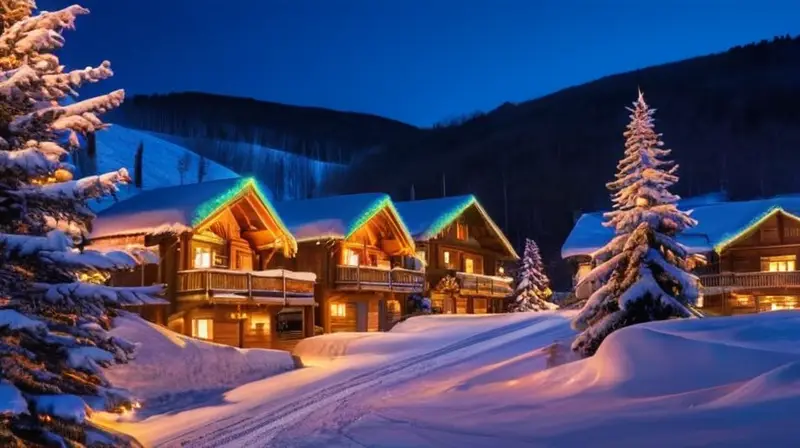 Un paisaje invernal festivo con montañas nevadas, luces brillantes, risas, fogatas y niños jugando en la nieve