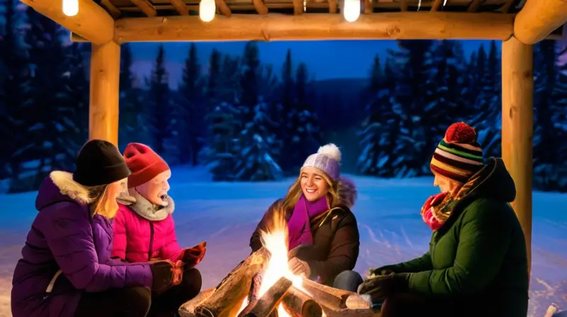 Un ambiente festivo invernal con montañas nevadas, luces brillantes, familias felices y un gran árbol de Navidad