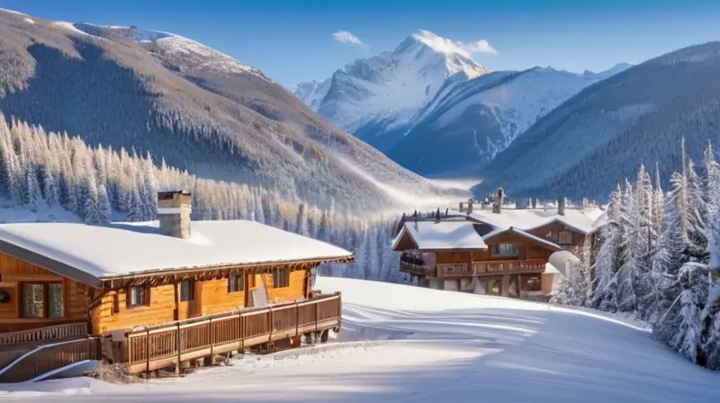 Escena invernal tranquila con montañas nevadas, cielo azul, chalets acogedores y esquiadores en un paisaje idílico