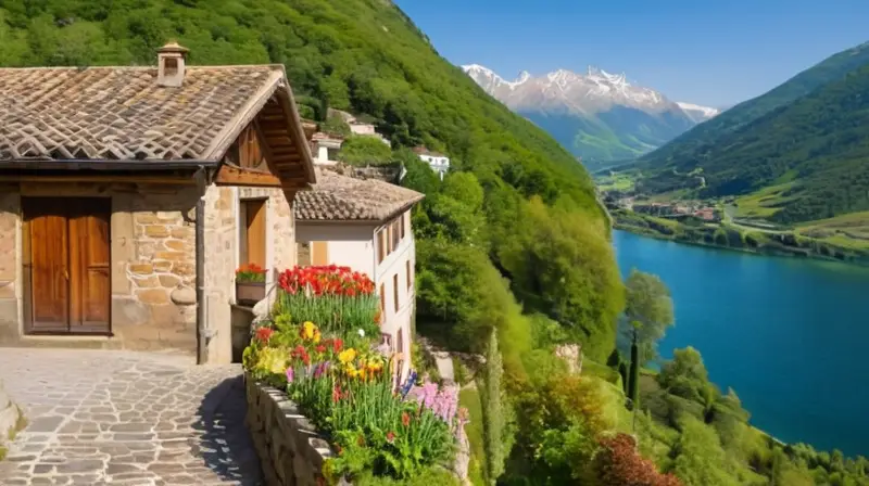 Un encantador pueblo en los Pirineos con calles empedradas, edificios de piedra, flores vibrantes y un ambiente sereno que invita a explorar