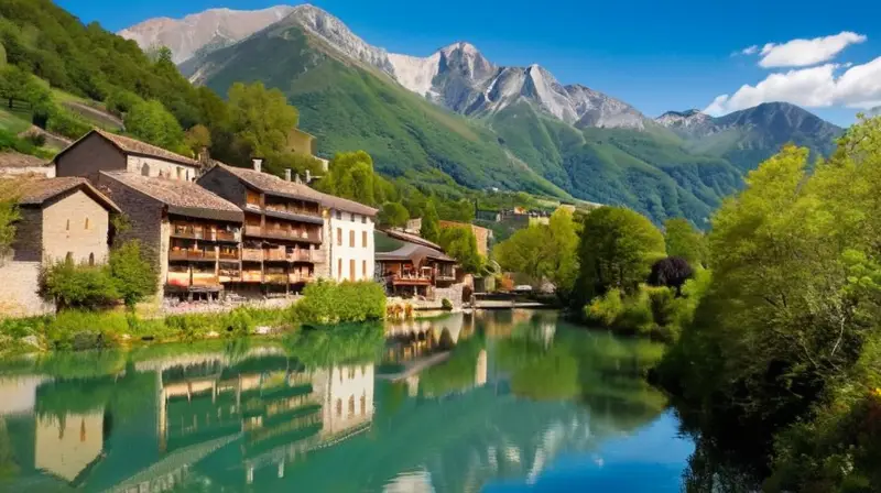 Un encantador pueblo en los Pirineos con edificios de piedra, flores vibrantes, calles empedradas y un lago sereno que refleja montañas majestuosas