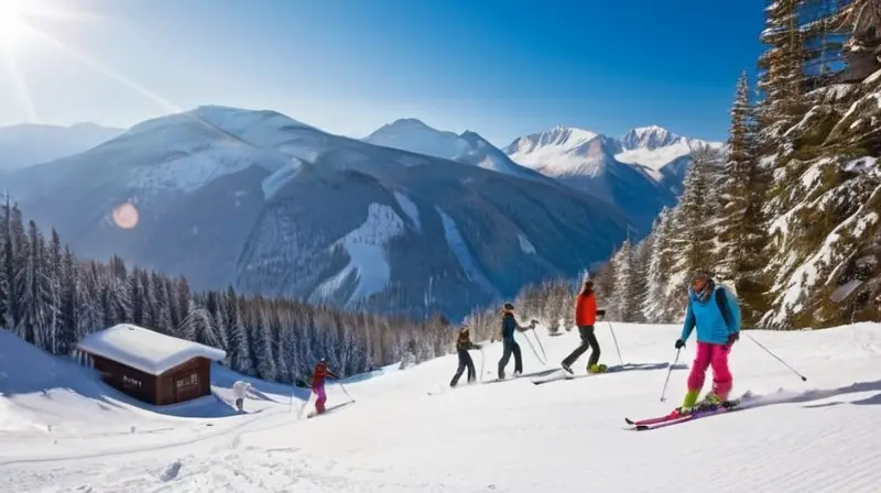 Un paisaje invernal vibrante con esquiadores en acción, nieve brillante, montañas lejanas y un ambiente alegre de après-ski