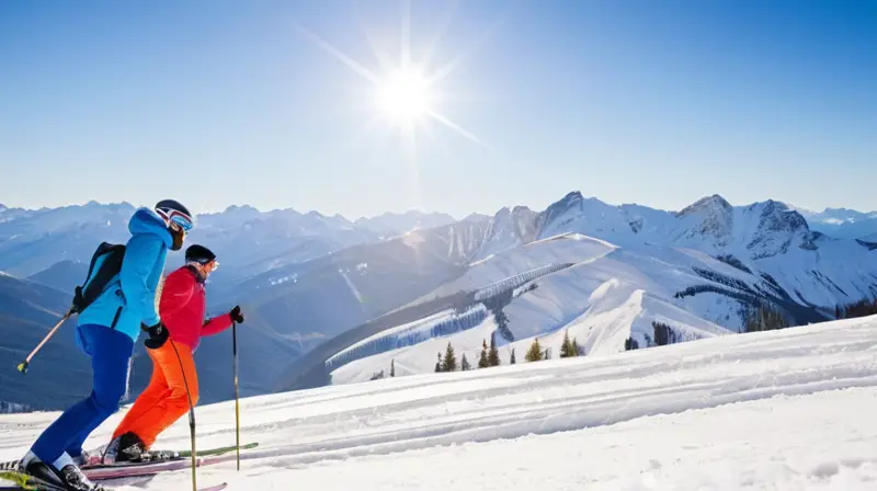 Esquidores en colorido equipo se deslizan por laderas nevadas bajo un cielo azul