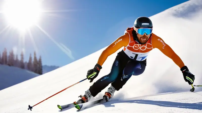 Martin Fourcade esquiando en un paisaje nevado bajo un cielo azul