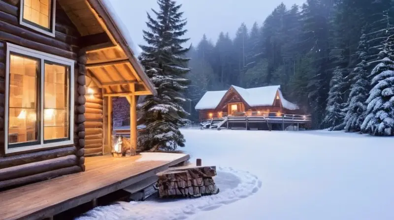 Un paisaje invernal sereno con nieve, árboles cubiertos, una cabaña acogedora y un ambiente de tranquilidad