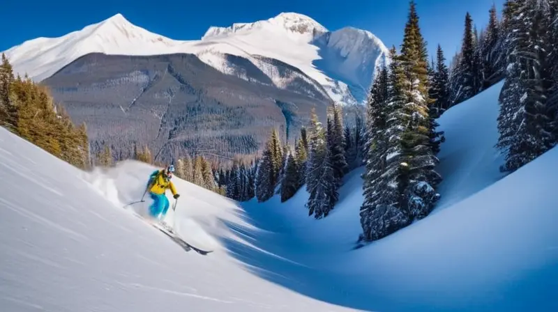 Una impresionante escena invernal con montañas nevadas, esquiadores vibrantes y un acogedor lodge en el valle