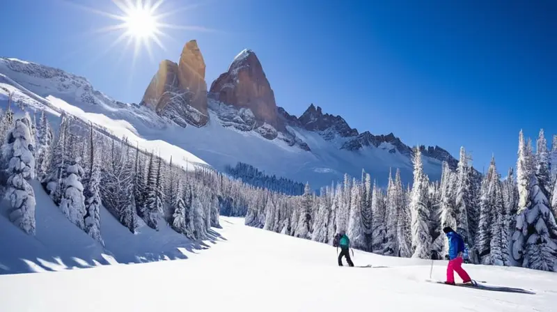 Un paisaje montañoso nevado con esquiadores vibrantes en acción bajo un cielo azul