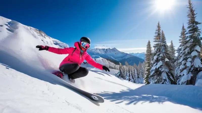 Dos snowboarders descienden por montañas nevadas bajo un cielo azul