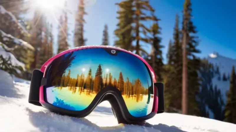 Un paisaje montañoso nevado con esquiadores, gafas de esquí y de sol, y un ambiente de aventura invernal