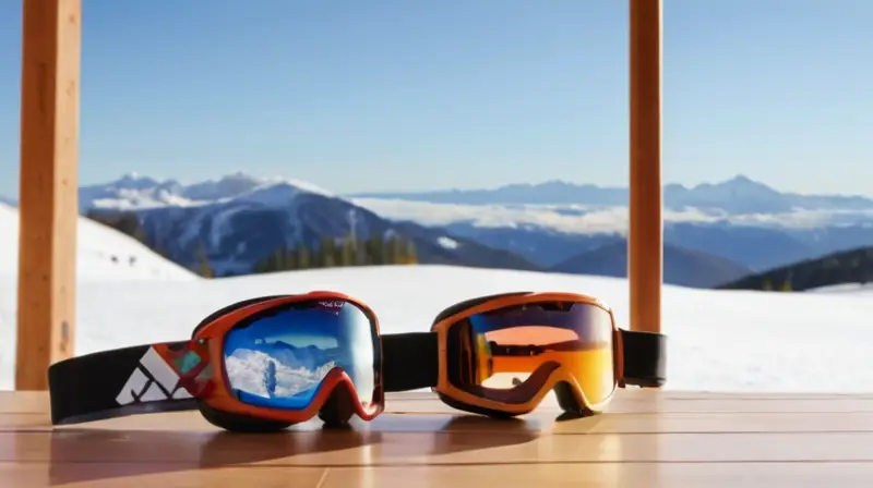 Un paisaje montañoso nevado con un cielo azul, esquís en el fondo y gafas de esquí sobre una mesa de madera