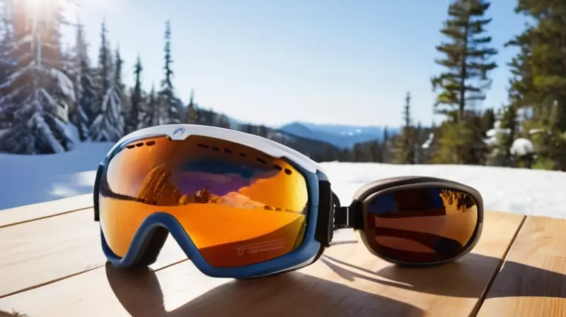 Un paisaje montañoso nevado con sol brillante refleja dos pares de gafas sobre una mesa de madera: unas gafas de sol oscuras y elegantes y unas gafas de esquí con lente naranja