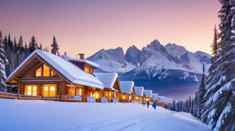 Un paisaje alpino nevado con familias esquiando, luces cálidas de una cabaña y un ambiente de aventura y tranquilidad