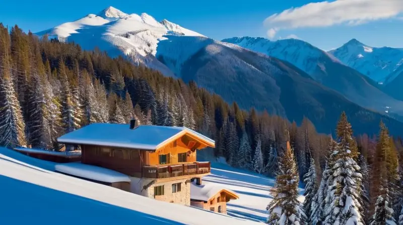 Montañas nevadas, cielo azul, esquiadores en acción y cabañas de madera crean un vibrante paisaje invernal