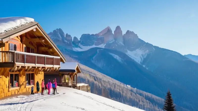 Un paisaje invernal vibrante con esquiadores, cabañas acogedoras y un ambiente festivo en las montañas cubiertas de nieve