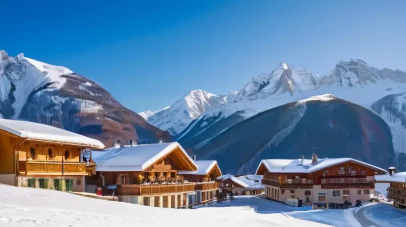 Un paisaje invernal de montañas nevadas, un encantador pueblo alpino y esquiadores disfrutando de la nieve bajo un cielo azul