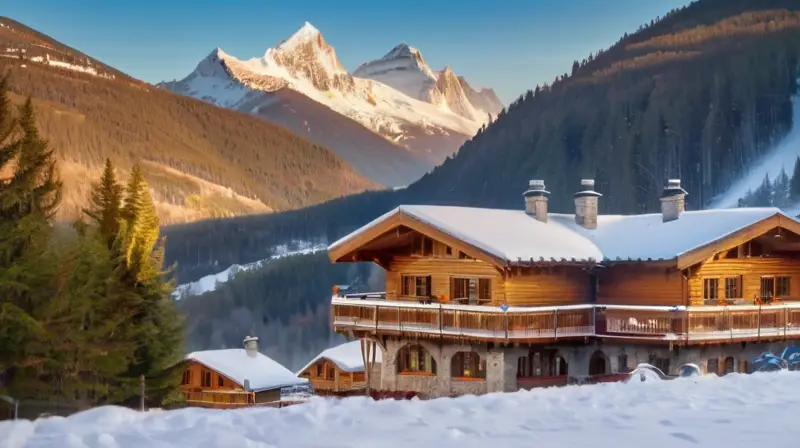 Un encantador paisaje invernal con montañas nevadas, chalets de madera, esquiadores y un bullicioso pueblo festivo