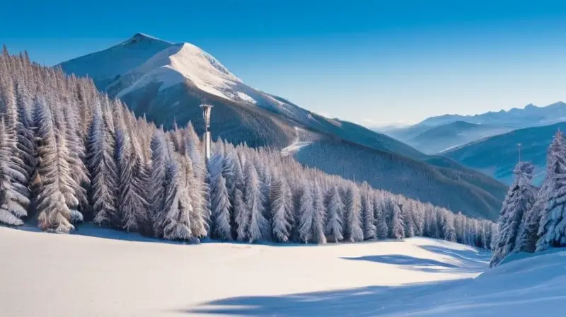 Un paisaje invernal sereno con montañas cubiertas de nieve, esquiadores coloridos y cabañas acogedoras bajo un cielo azul