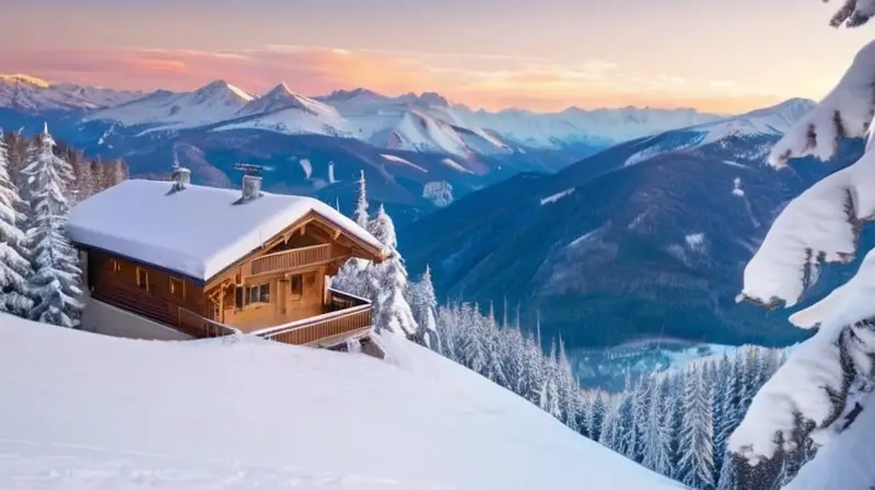 Un paisaje invernal idílico con montañas nevadas, esquiadores felices y cabañas acogedoras