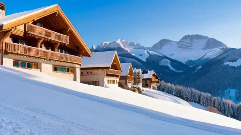 Un sereno paisaje invernal con colinas nevadas, chalets de madera, esquiadores coloridos y un cielo azul