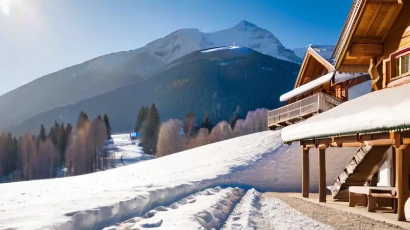 Un acogedor resort de esquí con paisajes nevados, chalets de madera, esquiadores coloridos y un ambiente familiar