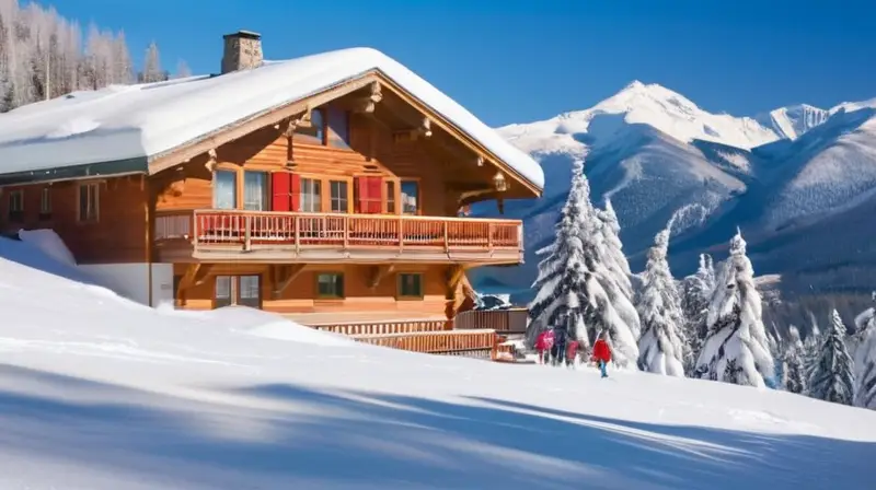 Un paisaje invernal vibrante con familias esquiando, risas de niños, cabañas acogedoras y montañas bajo un cielo azul