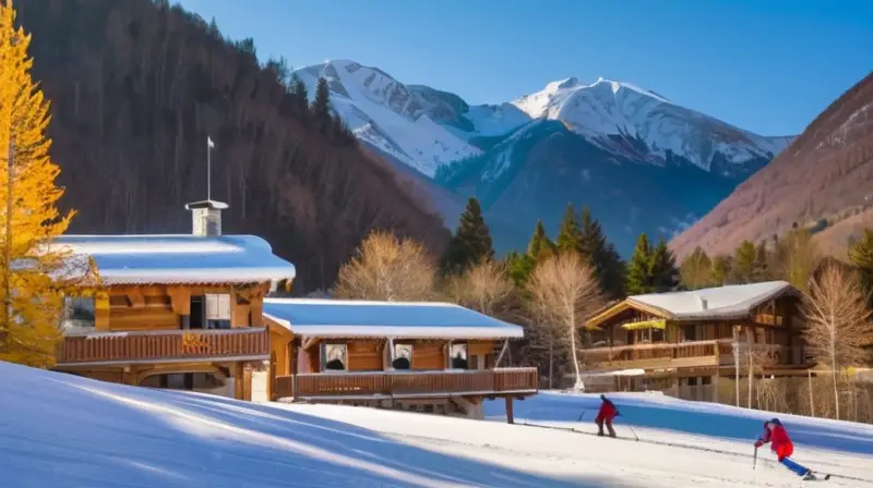 Un paisaje invernal vibrante con esquiadores en diversas habilidades, montañas cubiertas de nieve y un ambiente alegre