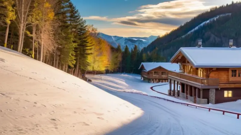 Un paisaje invernal idílico con montañas nevadas, esquiadores alegres y cabañas acogedoras