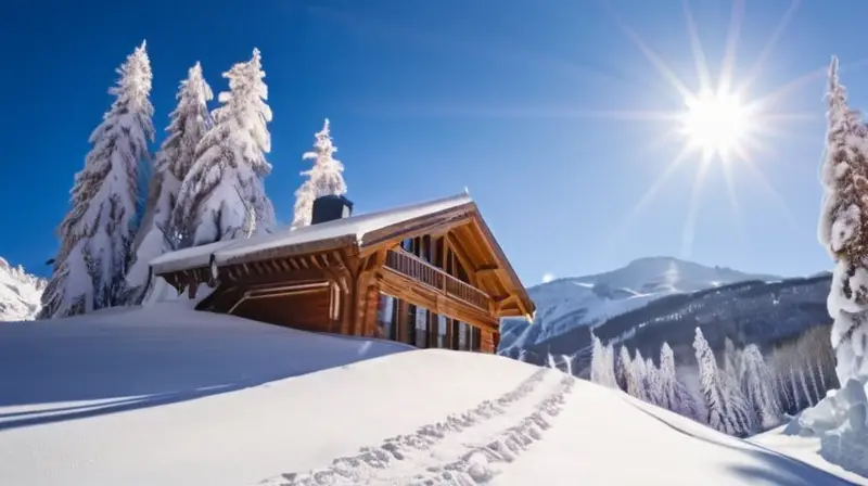 Un paisaje invernal con esquiadores en acción, montañas nevadas y un acogedor refugio de madera