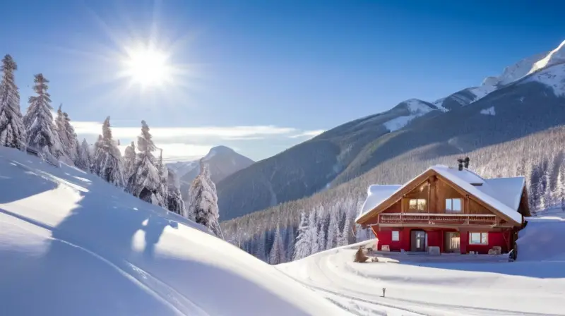 Un paisaje invernal con montañas nevadas, una acogedora cabaña de esquí y esquiadores disfrutando del sol