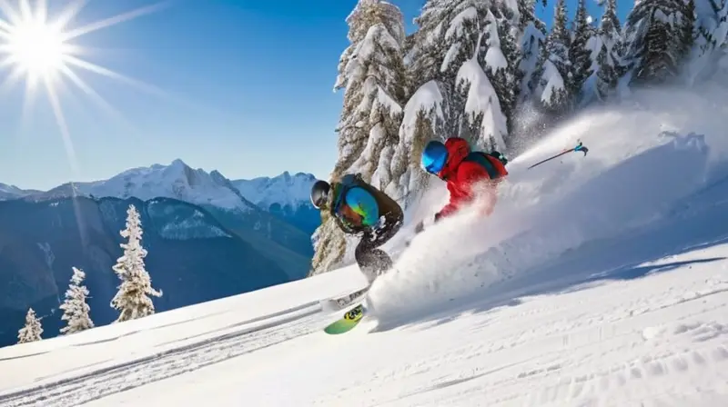 Un paisaje montañoso nevado con snowboarders en acción bajo un cielo azul y soleado