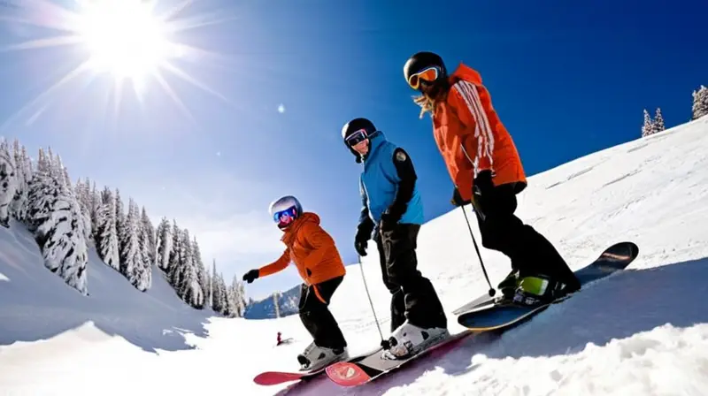 Un grupo de snowboarders enérgicos se desplaza por montañas nevadas bajo un cielo azul