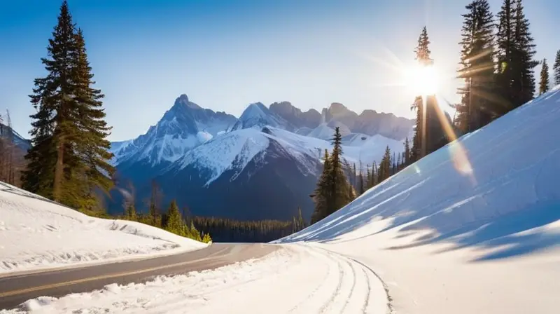 Montañas nevadas con un cielo azul y nubes, un camino serpenteante, snowboarders coloridos en acción, y un ambiente acogedor con un furgón vintage