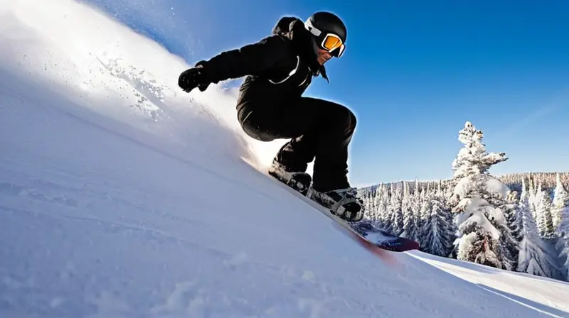 Un snowboarder en acción desciende por una montaña nevada bajo un cielo azul, rodeado de un paisaje vibrante y detallado