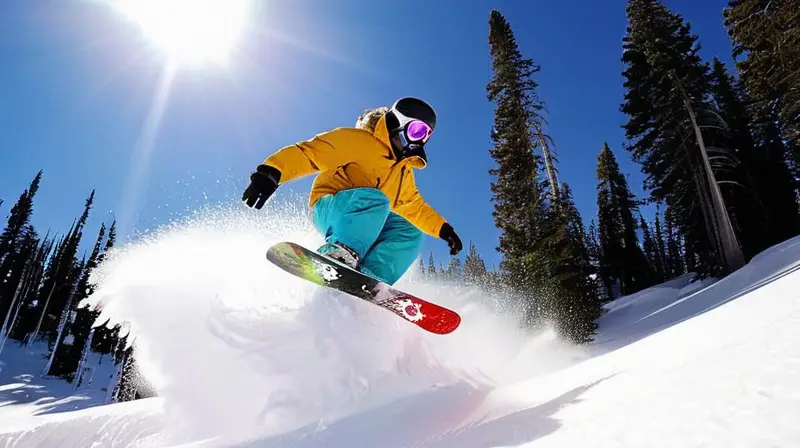 Un snowboarder en el aire sobre una montaña nevada bajo un cielo azul