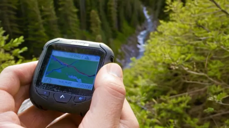 Un paisaje montañoso con picos escarpados, un sendero rocoso y un GPS en mano simbolizan la aventura y la seguridad en la naturaleza