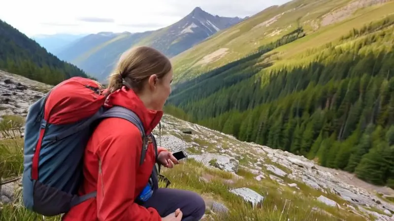 Un paisaje montañoso con picos afilados, bosques de pinos, un senderista con chaqueta roja usando un GPS, todo bajo un cielo azul y un ambiente de aventura