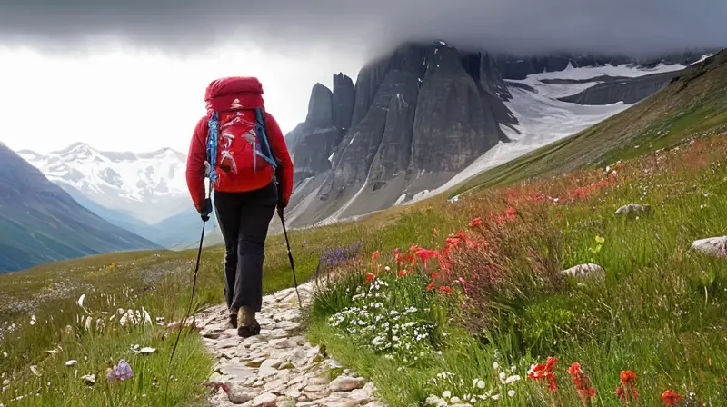 Un sendero montañoso con un excursionista en chaqueta roja