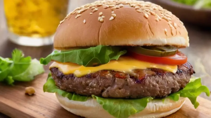 Una hamburguesa jugosa y perfectamente asada, con lechuga fresca, tomate maduro, queso cheddar derretido, pan tostado y acompañada de papas fritas crujientes, todo presentado de manera atractiva