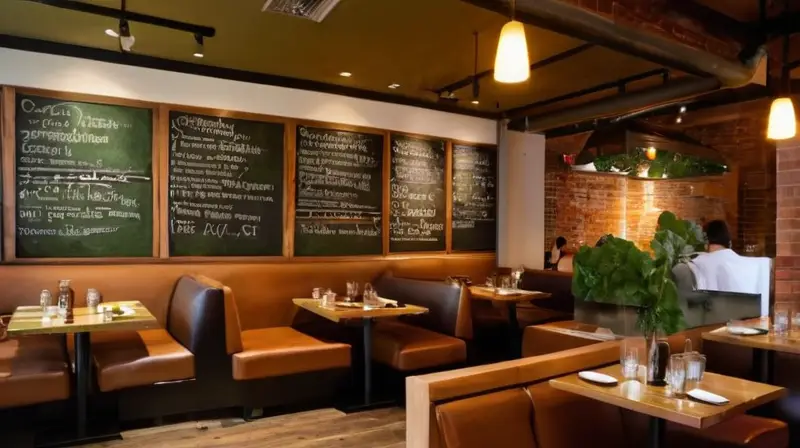 Un restaurante animado con luz cálida, mesas de madera pulida, plantas verdes, clientes disfrutando de comidas y un ambiente lleno de risas y conversación