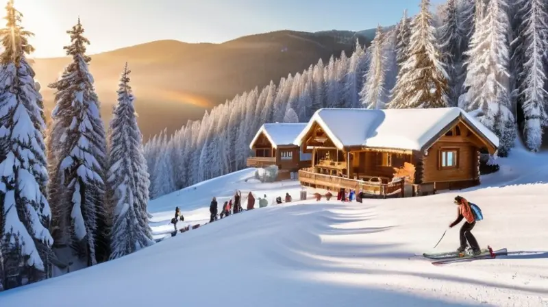 Un paisaje invernal vibrante con familias esquiando, risas de niños y acogedoras cabañas entre árboles cubiertos de nieve