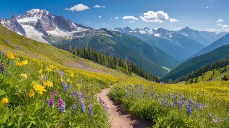 Un paisaje alpino sereno con prados verdes, flores vibrantes, montañas nevadas, cielo azul y senderos serpenteantes