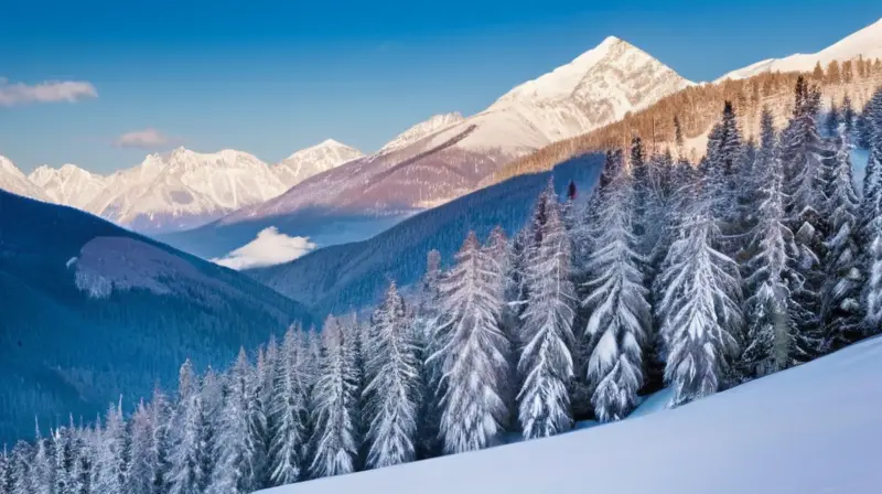 Un paisaje invernal de montañas nevadas, cielos azules, chalets acogedores y esquiadores en un ambiente de tranquilidad y aventura