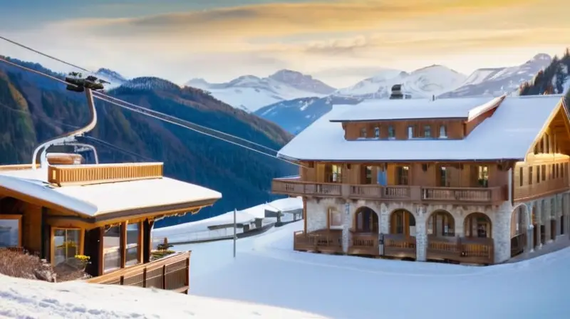 Un paisaje invernal con montañas nevadas, chalets rústicos, esquiadores en una pista animada y un ambiente cálido y acogedor